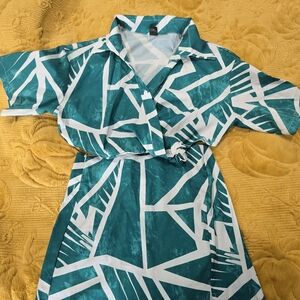 Teal and White Abstract Print Shirt Dress